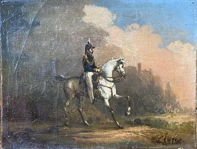 painting of a man in uniform riding a horse in a field