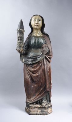 Sainte Barbe en bois sculpté et polychromé, dos creusé. Debo… - Photo 1