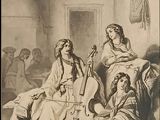 painting of a group of women playing instruments in a room