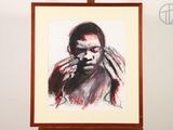 a picture of a painting of a man holding his hands to his face