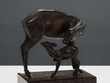 bronze sculpture of a deer and a baby deer on a marble base
