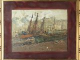 an oil painting of a harbor scene with boats in the foreground