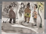 un dessin représentant un homme et une femme promenant un chien