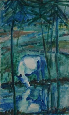a painting of a white horse standing in the water