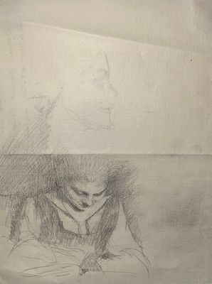 pencil drawing of a woman sitting on a couch with her head in her hands