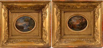 two framed paintings of a man and a woman in a landscape