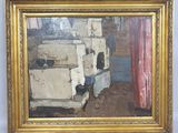 an oil painting of a kitchen scene with a stove and refrigerators
