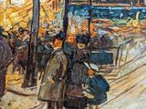 an oil painting of people walking down a city street at night