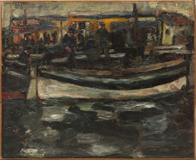 an oil painting of a boat in a harbor with people on it