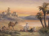 an image of a painting of a desert scene with people and camels