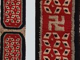 three pieces of red, black and white rugs with designs on them