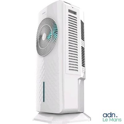 a white air conditioner sitting on top of a white table