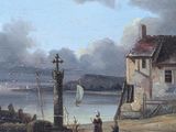 a painting of a man standing in front of a house