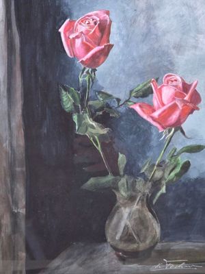 a painting of two roses in a vase on a table