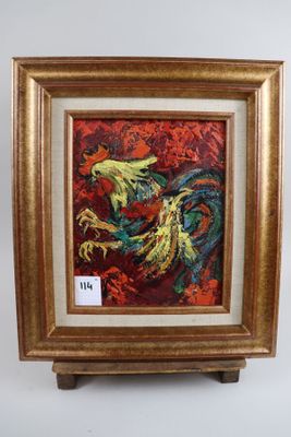 painting of a rooster in a gold frame on a red background