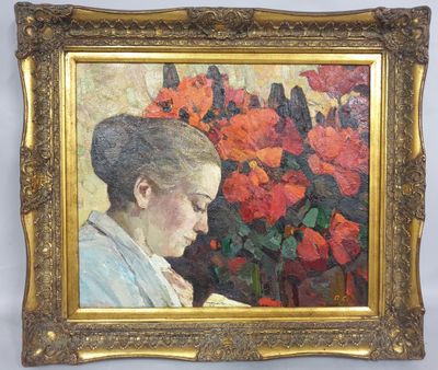 an oil painting of a woman with flowers in a gold frame