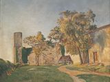 an oil painting of a farm scene with a path leading to a building