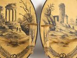 pair of antique painted wall sconces depicting a landscape and a temple