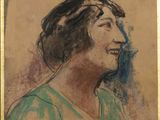 painting of a woman in a green dress looking to the side