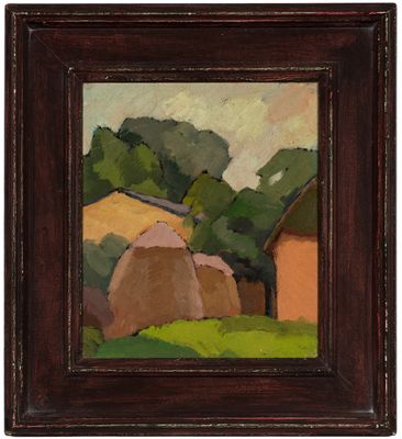 un tableau représentant une scène de vie à la ferme avec des meules de foin au premier plan