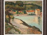 une peinture à l'huile représentant une vue de plage avec des maisons en arrière-plan