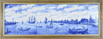 blue and white tile mural of a harbor scene with boats