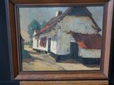 une peinture à l'huile représentant une maison blanche au toit rouge sur fond noir