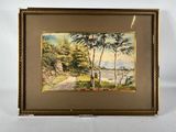 un tableau représentant un paysage avec des arbres et de l'eau, dans un cadre doré