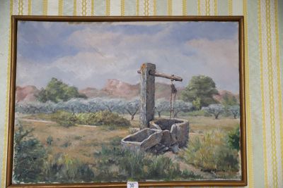 un tableau représentant un puits au milieu d'un champ