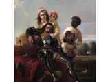 an image of a painting of a man in armor with two women and a dog