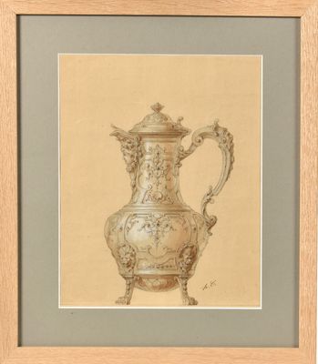 painting of a silver and gold vase on a beige background