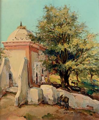 une peinture représentant un bâtiment avec un arbre devant
