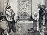 a drawing of a man and a woman standing in front of a table