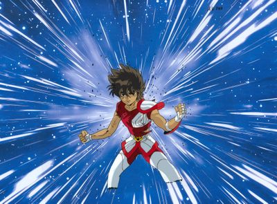 an image of a young man in a red and white outfit flying through the air