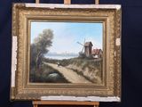 une peinture à l'huile représentant une scène de campagne avec un moulin à vent et une route