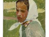 une peinture à l'huile représentant une femme portant un bonnet blanc et un foulard blanc