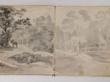an old book with a drawing of a forest scene on it