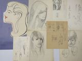 sketches of a woman ' s head and various other drawings on a piece of paper