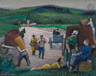 a painting of a group of people in a field