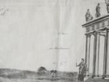 drawing of a man standing in front of a building with a flag on top of it