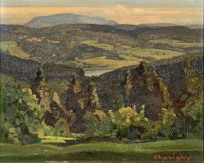 an oil painting of a view of a valley with a mountain in the distance