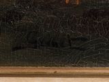a picture of a painting of a man and a dog in a field