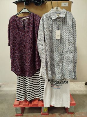 two women ' s shirts hanging on a rack in a clothing store