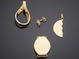 a collection of gold jewellery including a watch, a pendant and a key