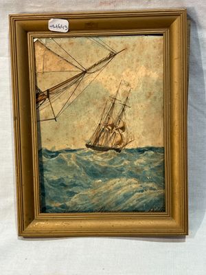painting of a sailing ship in rough water with a sailboat in the foreground
