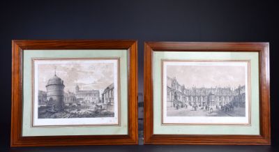 deux photos encadrées représentant un bâtiment et un bâtiment avec une tour horloge