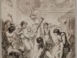 un dessin en noir et blanc d'un groupe de personnes dans une pièce