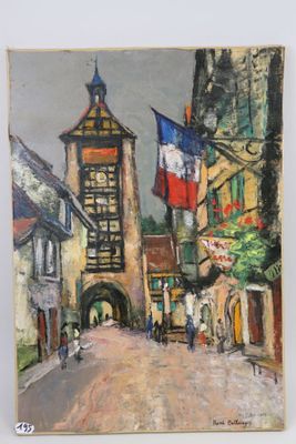 an oil painting of a city street with a clock tower in the background