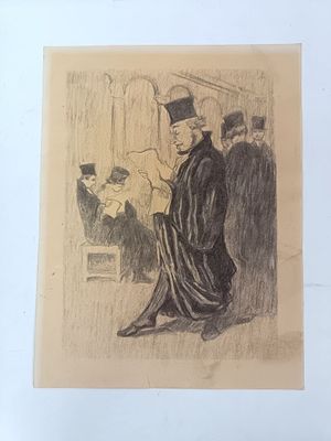 an old drawing of a man in a top hat sitting on a chair