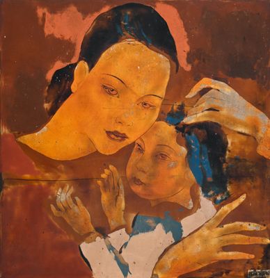 une image d'un tableau représentant une femme tenant un enfant dans ses bras